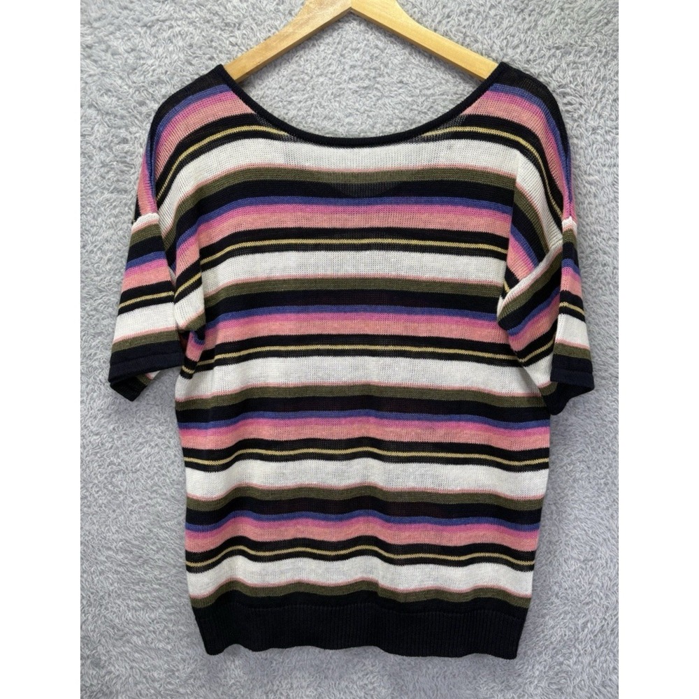 Talbots Womens Large Linen Sweater Striped V Neck Back Short Sleeve Lightweight